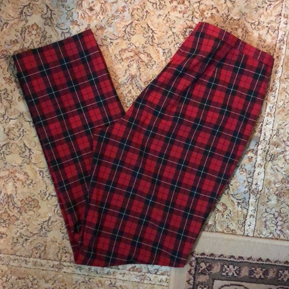 Vtg 90s JONES NY Size 14 Tartan Plaid Stretchy Flat Front HighWaist Snap-Close - Picture 1 of 16